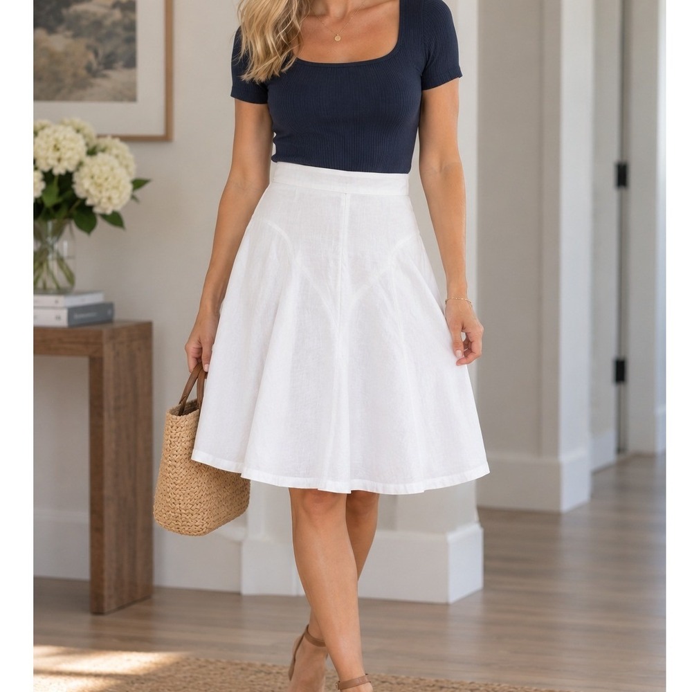Madison Studio Skirt Women 6 White Excellent 100% Linen A-Line Midi High Waist